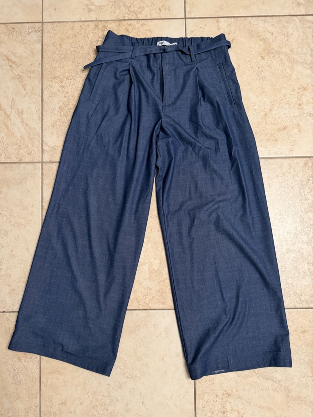 Wide-Leg Chambray Pants with Waist Tie
